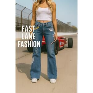 RARE Vintage 90s Allen B Racing Flare Jeans 28 USA NASCAR Drag Race Speedway Y2K